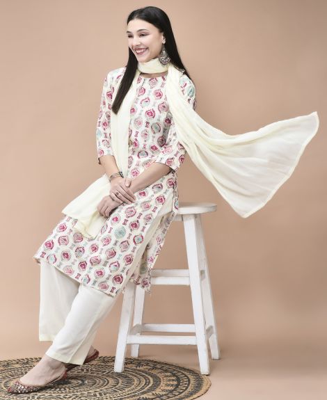 Shree Women Liva Off White Ikat Print Kurta Comfort Pant Dupatta